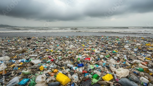 Vibrant but polluted beach covered in plastic waste with stormy ocean and overcast sky