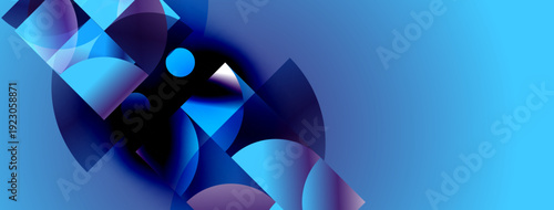 Abstract geometric shapes, blue hues dominate composition. Gradient effects create depth, modern design aesthetic. Minimalist, dynamic visual impact.