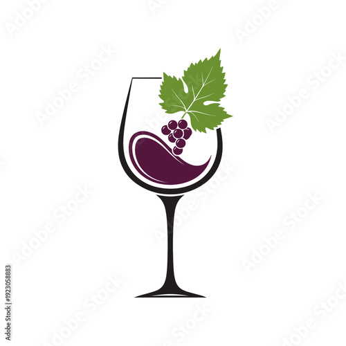 Elegant Wine Glass with Grapes and Leaf Icon.