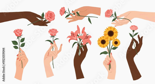 Diverse hands holding colorful flowers in solidarity and friendship