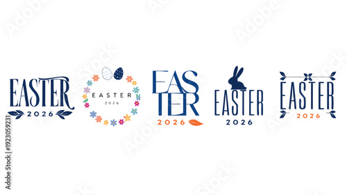 Easter 2026 typography set with floral wreath rabbit and eggs, modern holiday text design logos for greeting cards, vector illustration isolated on white background