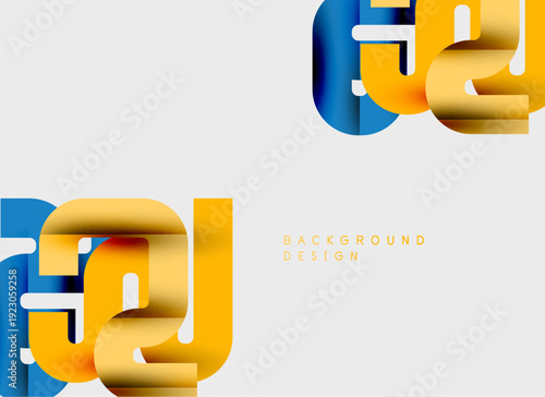 Abstract geometric shapes, blue, orange gradients. Modern design elements create dynamic visual impact. Clean background enhances presentation.