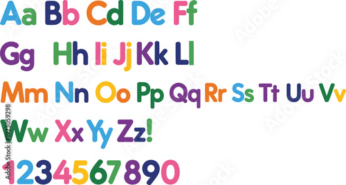 Colorful alphabet letters and numbers set, playful educational typography vector illustration for kids learning, preschool classroom design elements