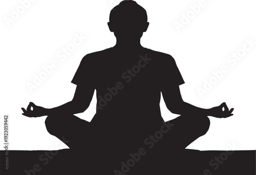 A calm black vector illustration depicts a woman in a lotus sitting pose, creating a peaceful yoga silhouette for meditation, relaxation, and spiritual health