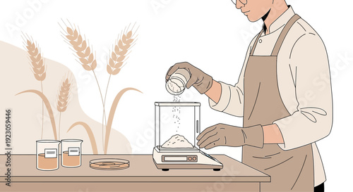 Scientist Weighing Grain Powder on Scale, Wheat Fields Background