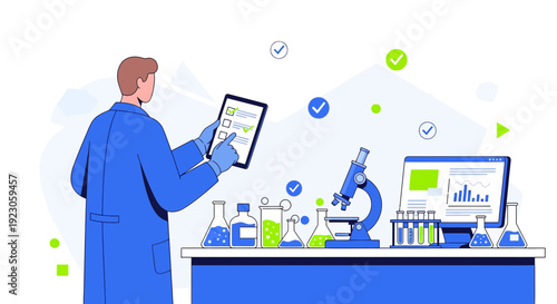Scientist Using Tablet in Laboratory with Microscope and Equipment
