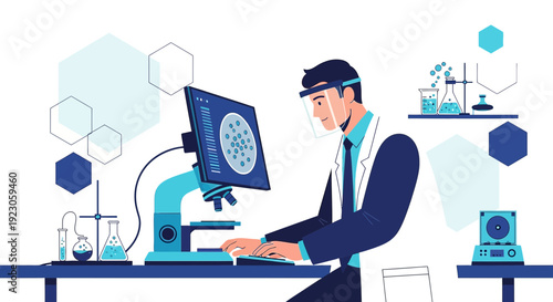 Scientist Using Microscope and Computer in Laboratory for Medical Research