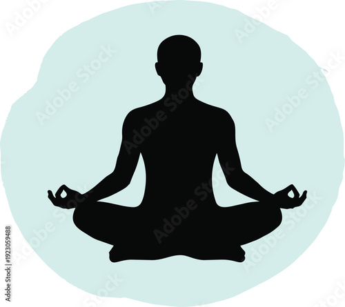 Black silhouette vector illustration of a woman sitting in a lotus pose meditation for zen health and spiritual relaxation
