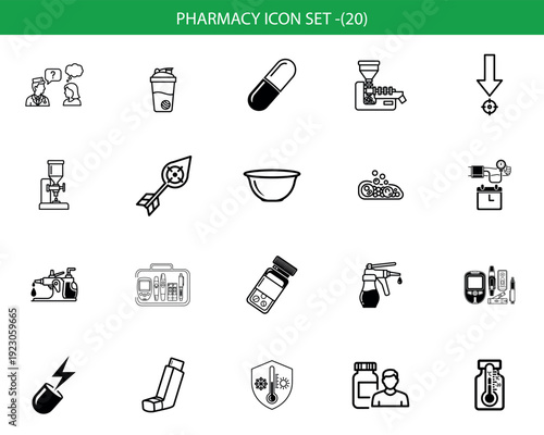 Unique icon set for pharmacy and medicine concepts