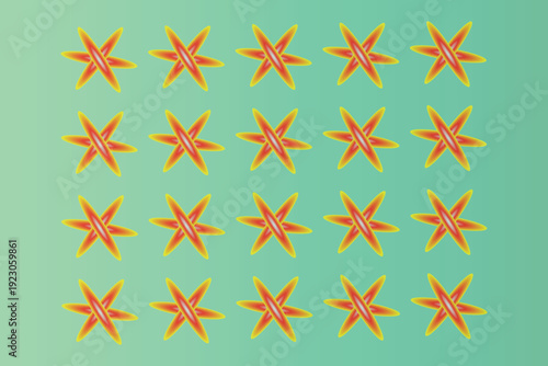 Colorful Abstract Star Flower Seamless Pattern on Green Gradient Background
