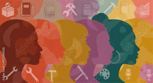 Diverse creative minds with various skills and tools in colorful profiles