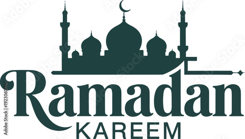 Dark green Ramadan Kareem text with mosque silhouette Islamic