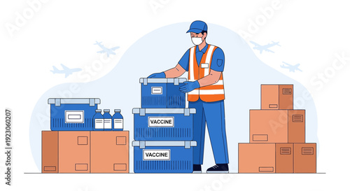 Vaccine Delivery Logistics: Worker Handling Boxes with Vaccines, Air Transport