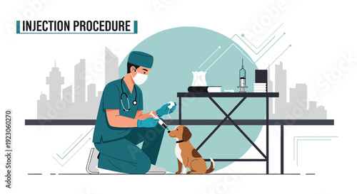 Veterinarian Administering Injection to Dog, Medical Procedure Illustration