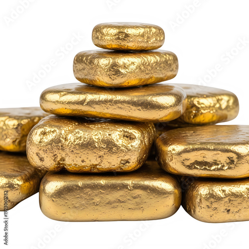 Golden ingots stacked together isolated on transparent background