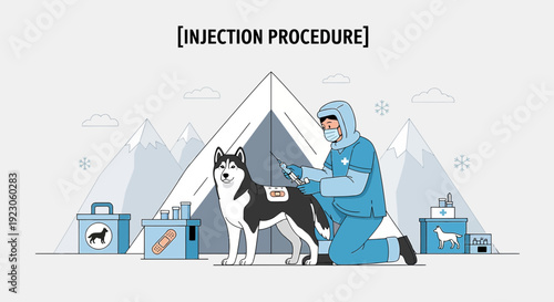 Veterinarian Administering Injection to Husky Dog in Snowy Mountain Landscape