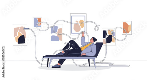 Woman connected to abstract art gallery via wires, inspiration, creativity