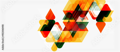 Abstract geometric shapes overlap, creating vibrant color composition. Yellows, oranges, reds dominate design. Minimalist style.
