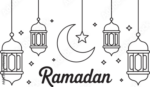 Black and white Ramadan with lanterns moon and star Islamic