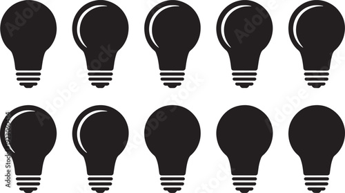 Ten black and white light bulbs in two rows with some bulbs partially lit five bulbs