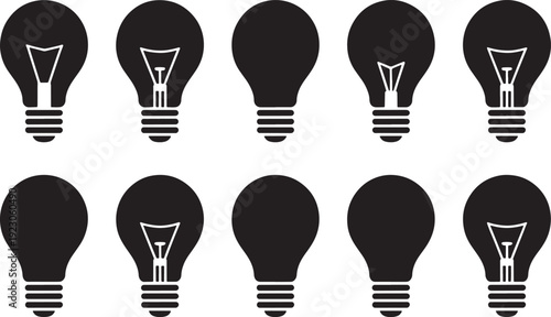 Ten black and white light bulbs with some illuminated in a grid pattern