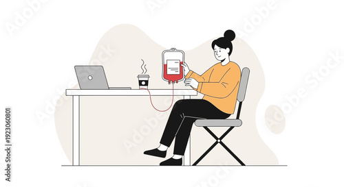 Woman Donating Blood at Desk with Laptop and Coffee