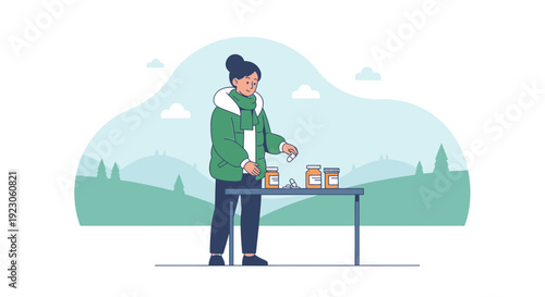 Woman In Green Jacket Organizing Medication Bottles On Table Outdoors
