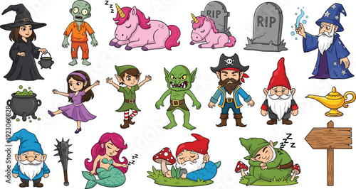 Fantasy Halloween character collection, cartoon witch wizard zombie unicorn pirate gnome mermaid goblin vector illustration set