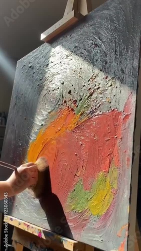 An artist painting an old industrial metal wall with construction equipment near water