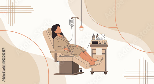 Woman receiving IV drip therapy in a modern clinic setting, wellness treatment
