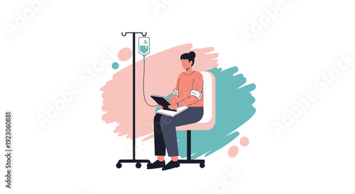 Woman Receiving IV Infusion Treatment While Using Tablet