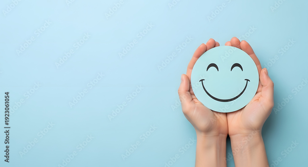 Fototapeta premium Hands holding a smiley face against a blue background.