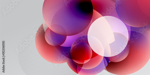 Abstract composition featuring overlapping translucent circles. Colors range from red, purple, white against dark background. Soft gradients present.