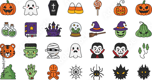 Halloween icon set collection, cute spooky cartoon pumpkins ghosts witches vampires and monsters vector illustration