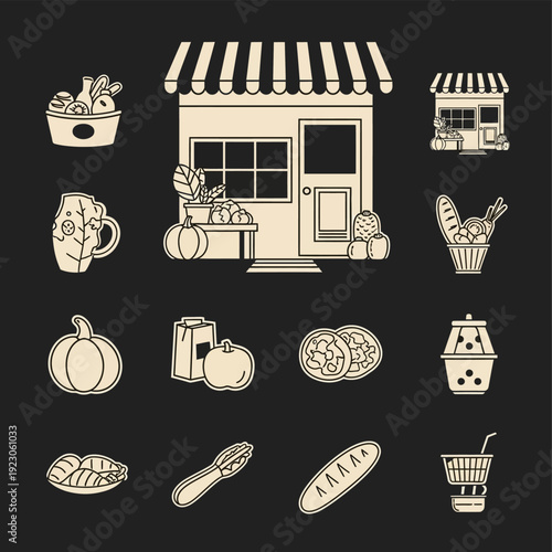 Illustration of a grocery store with various food items.