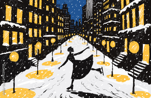 Graceful ice skater silhouette performing elegant pose in snowy cityscape winter evening soft falling snow glowing lights artistic scene