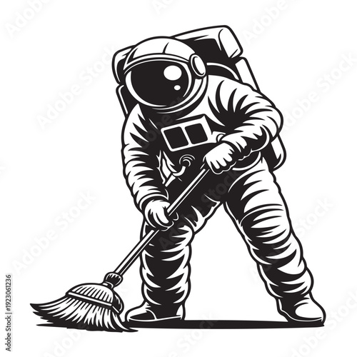Astronaut cleaning floor with broom, humorous concept, space exploration job, retro style illustration, black and white graphic, isolated on transparent background, vintage design element