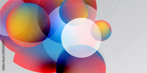 Abstract colorful circles overlap, creating vibrant gradients. Background is dark gray, shapes suggest movement, energy.
