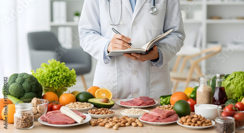 Doctor analyzing various healthy foods and nutrition facts on a table.