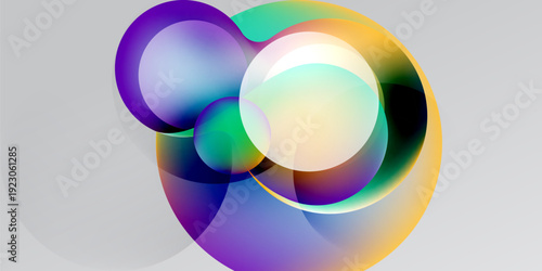Abstract colorful circles overlap, creating vibrant gradients. Soft glow enhances visual depth, modern design element.