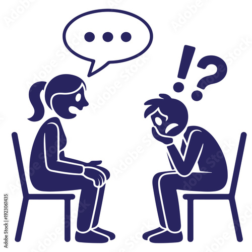 Counseling session vector illustration, a stick figure man and woman engaged in conversation, with speech bubble and thought bubble, symbolizing psychological support