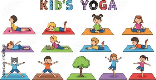 Kids yoga poses collection, cartoon children practicing exercise and meditation, healthy lifestyle vector illustration set for preschool fitness