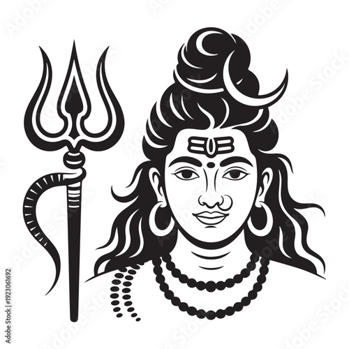 Lord shiva full face vector illustration, a striking depiction of hindu deity with trident, crescent moon, and third eye, radiating spiritual power and wisdom