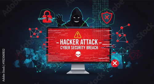 Hacker Attack Cyber Security Digital Data Breach Computer Fraud Red Code Cyberattack Screen Alert. Malware Internet Crime Cybersecurity Software Technology System Network Protection. Vector Concept