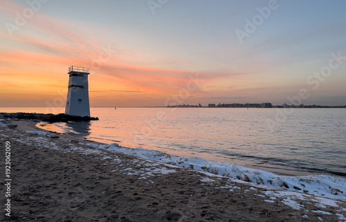 Breezy Point lighthouse in winter sunset, Queens, New York