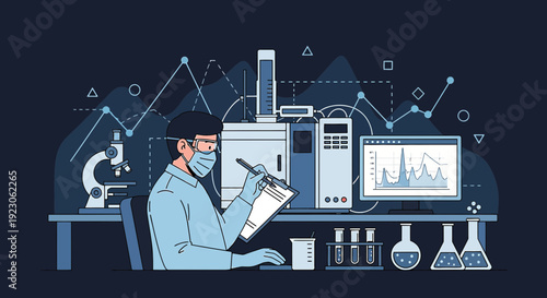 Scientist Conducting Research in Laboratory with Data Analysis and Equipment