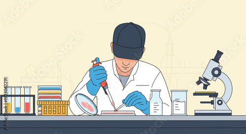 Scientist Conducting Research in Laboratory with Microscope and Pipette