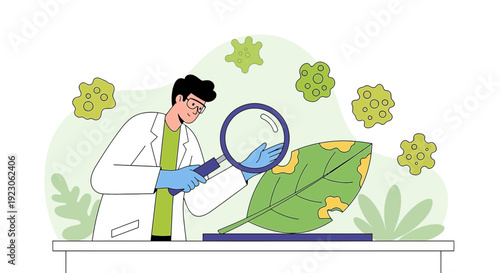 Scientist Examining Diseased Plant Leaf with Magnifying Glass, Microbes Around