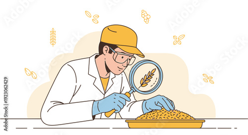 Scientist Examining Grain with Magnifying Glass, Agriculture Research