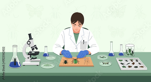 Scientist Examining Insects Under Microscope, Entomology Lab Research